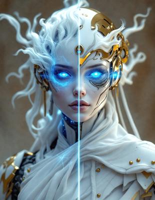 The primary subject of the image is a woman with blue eyes and white hair. She is wearing a white outfit and has a blue streak in her hair. The setting is a room with a wall, and the visual style is digital art. The colors and mood of the image are predominantly white and blue, giving it a futuristic and ethereal appearance.